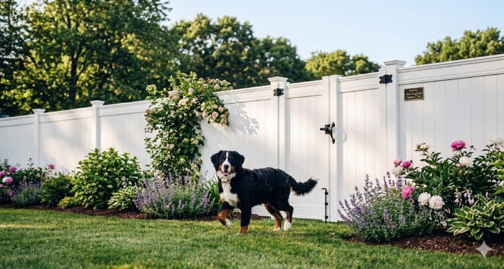 Bernese Mountain Dog in a landscaped yard secured by tall white vinyl privacy fencing with heavy-duty gate hardware — safe containment, South Shore Massachusetts