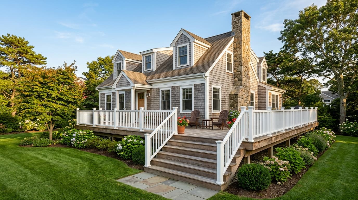 Crisp white vinyl deck railing with square balusters on a New England Cape Cod home