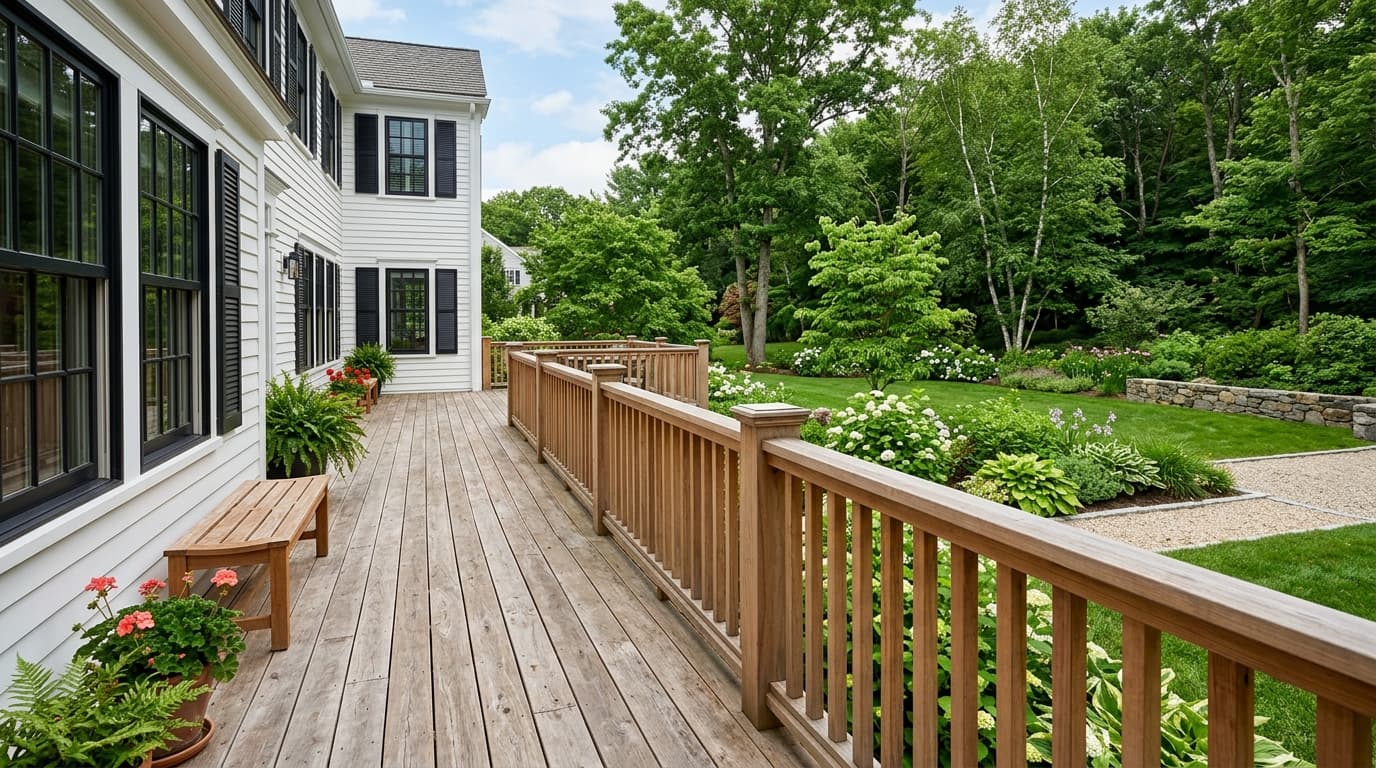 Natural cedar wood deck railing with square balusters on a New England colonial home
