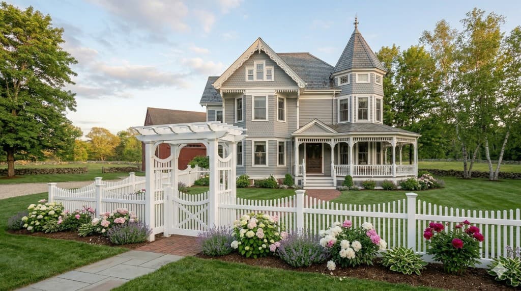 Decorative vinyl fence with arbor at a dove-gray Victorian with turret, gingerbread trim, and wrap-around porch