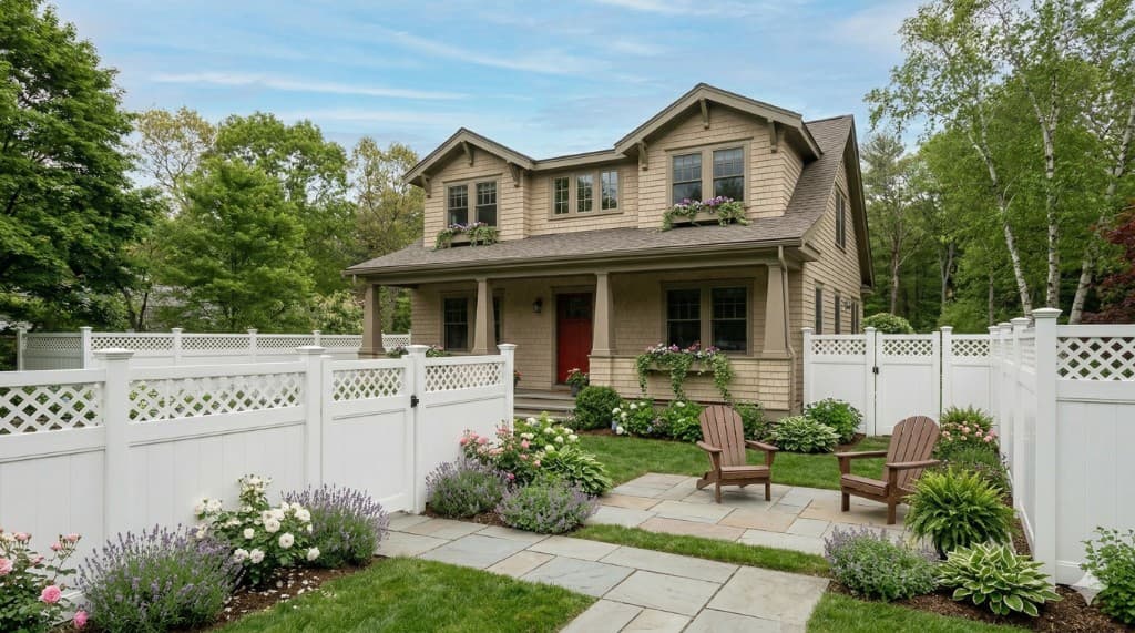 Lattice-top vinyl fence at a tan shingled Craftsman bungalow with tapered columns and a wide porch
