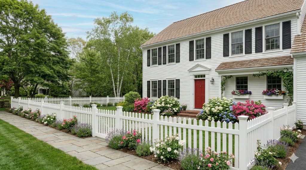 Picket-style vinyl fence at a light blue Nantucket cottage with window boxes and a covered porch