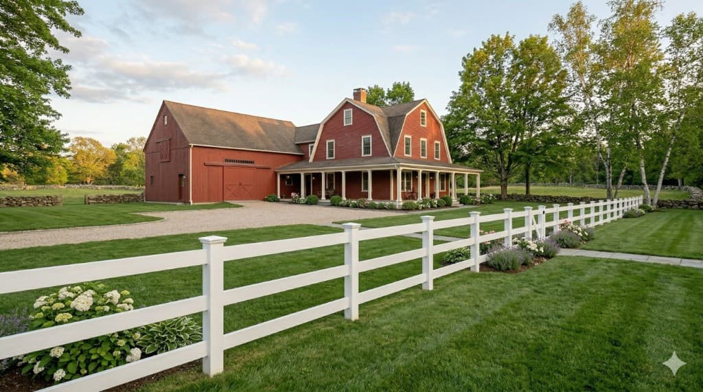 Post-and-rail vinyl fence along a red New England farmhouse with gambrel roof and attached barn