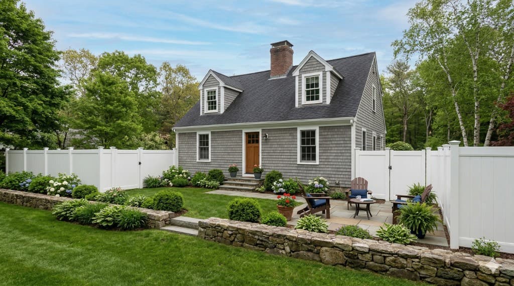 Privacy vinyl fence enclosing a gray cedar-shake Cape Cod home with dormers and a central chimney — JT Fence Inc., South Shore Massachusetts